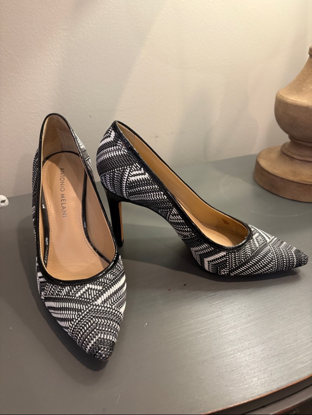 ANTONIO MELANI Black & White Geometric Pointed-Toe Pumps
